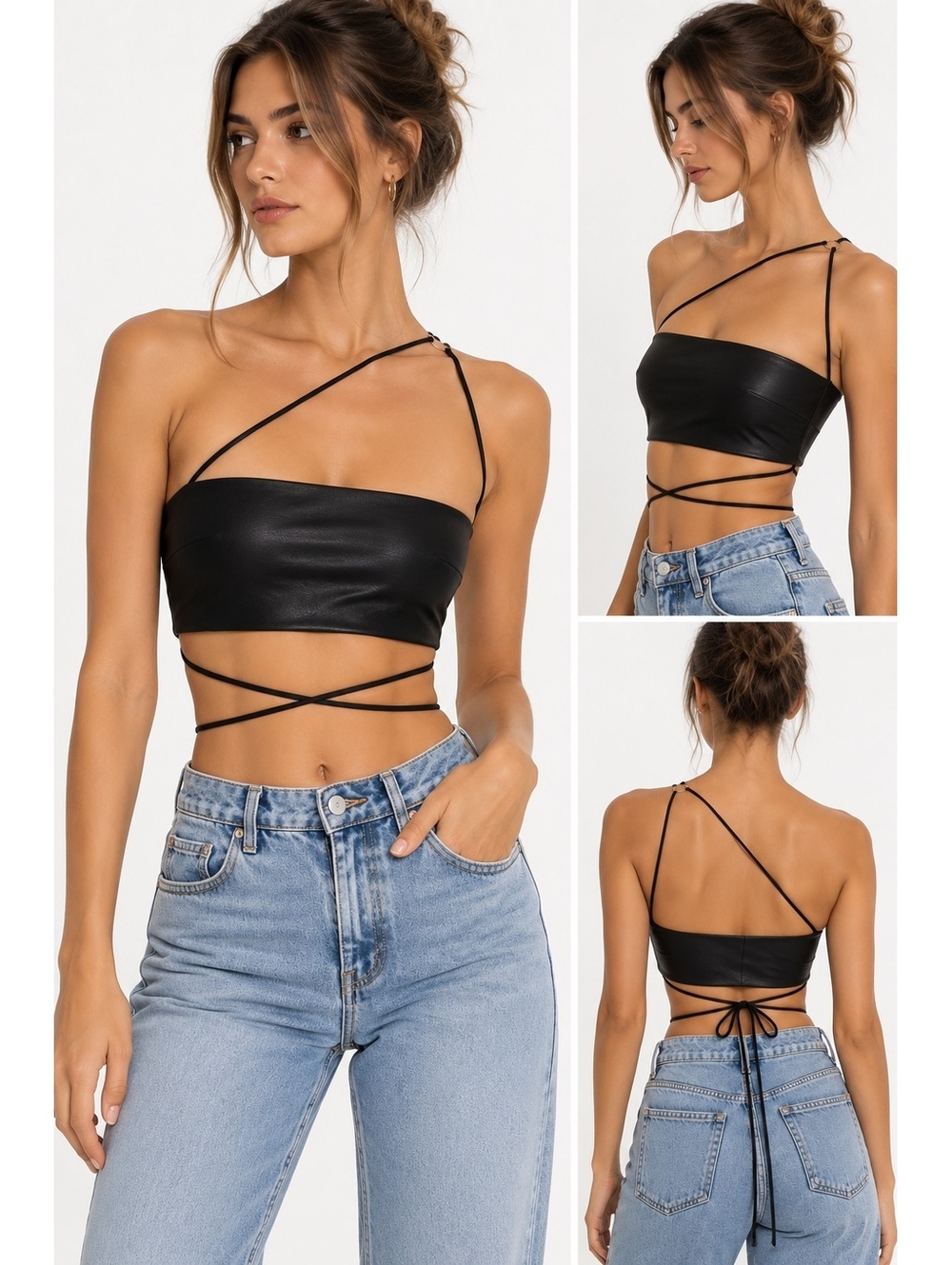 ZARA Genuine Leather Black Strappy Wrap Crop Top S Y2K Festival
